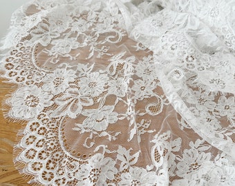 3 Yards ivory French Alencon lace fabric trim with double scalloed borders, detailed floral embroidery cord lace fabric