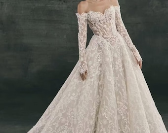 1 Yard haute couture 3D beaded lace fabrics , off white bridal gown wedding dress fabric