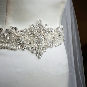 Crystal and Rhinestone,Pearl Beaded Applique Bridal Belt Wedding Sash Applique