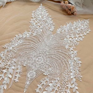 1 piece LARGE Heavy beaded bridal Applique - IVORY - bodice lace beaded applique big size, Luxury wedding appliqué, Illusion back appliqué