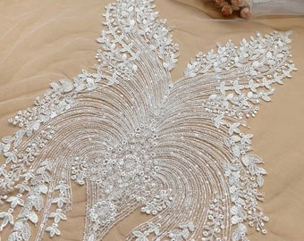 1 piece LARGE Heavy beaded bridal Applique - IVORY - bodice lace beaded applique big size, Luxury wedding appliqué, Illusion back appliqué