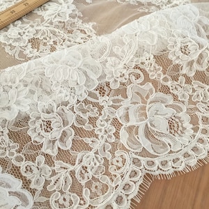3 Yards ivory French Alencon lace fabric trim with double scalloed borders, detailed floral embroidery cord lace fabric