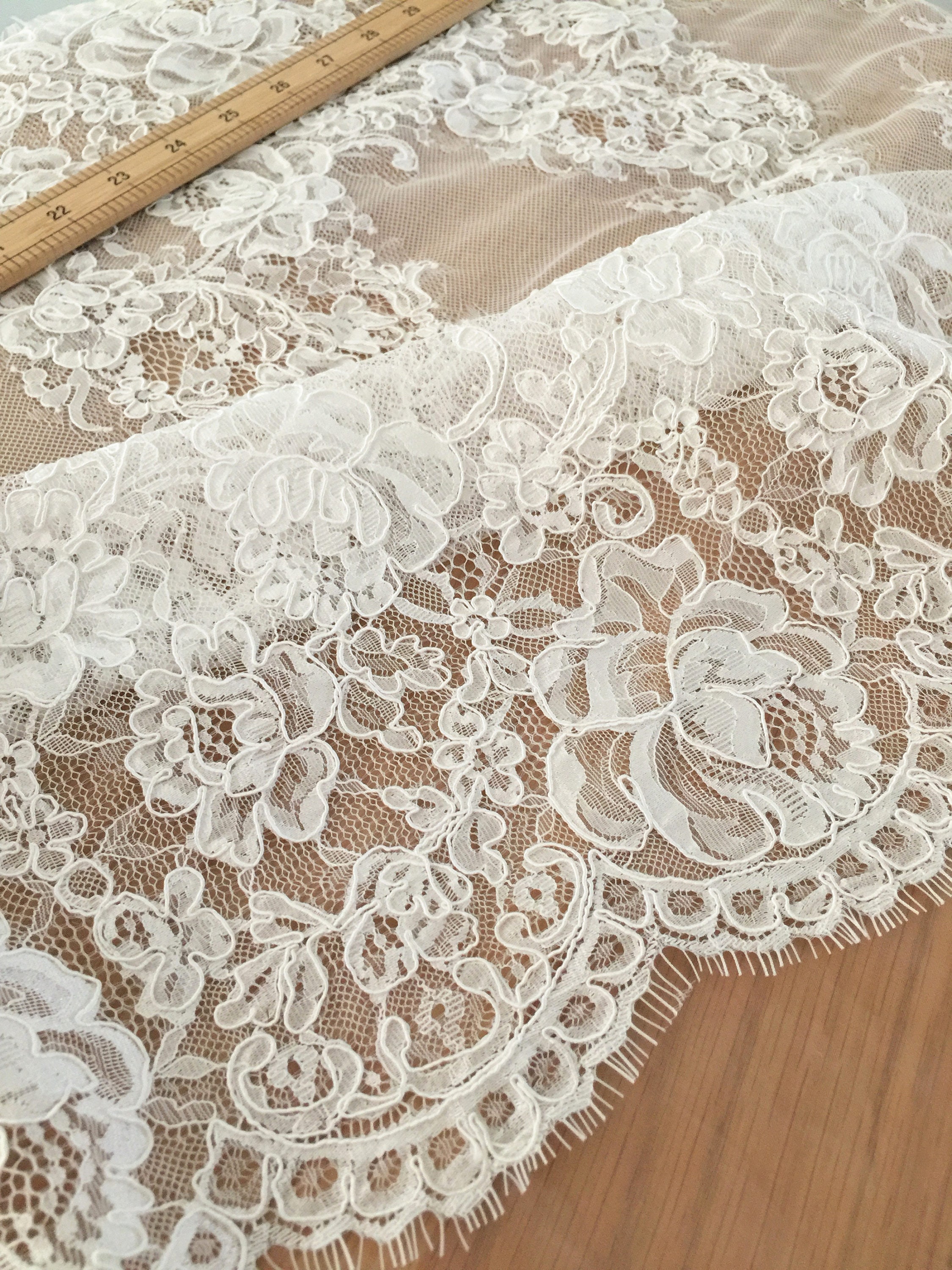 3 Yards ivory French Alencon lace fabric trim with double scalloed borders, detailed floral embroidery cord lace fabric