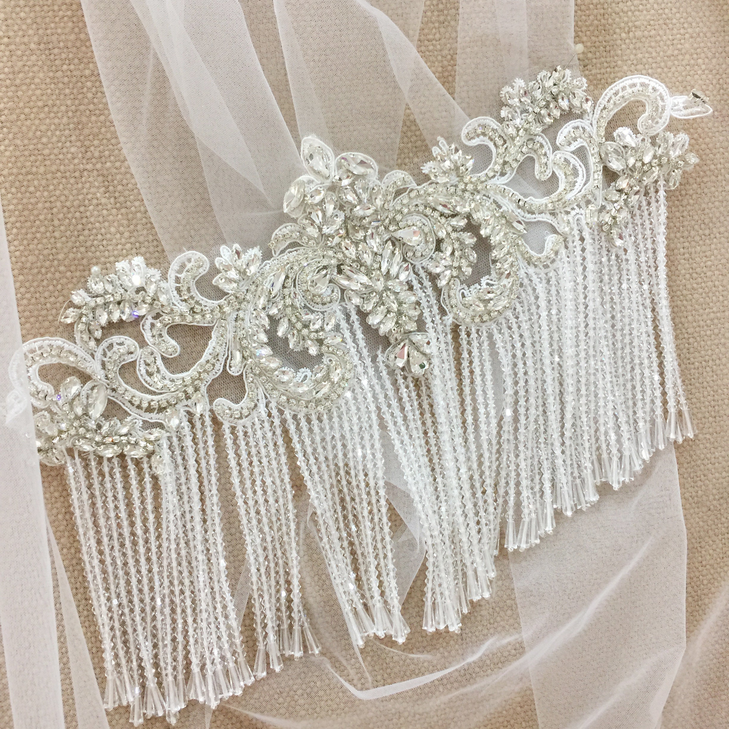 Handbeaded Haute Couture Crystal Applique with Tassel for bridal capelet, Coverup, rhinestone shoulder cape, bridal jewellery