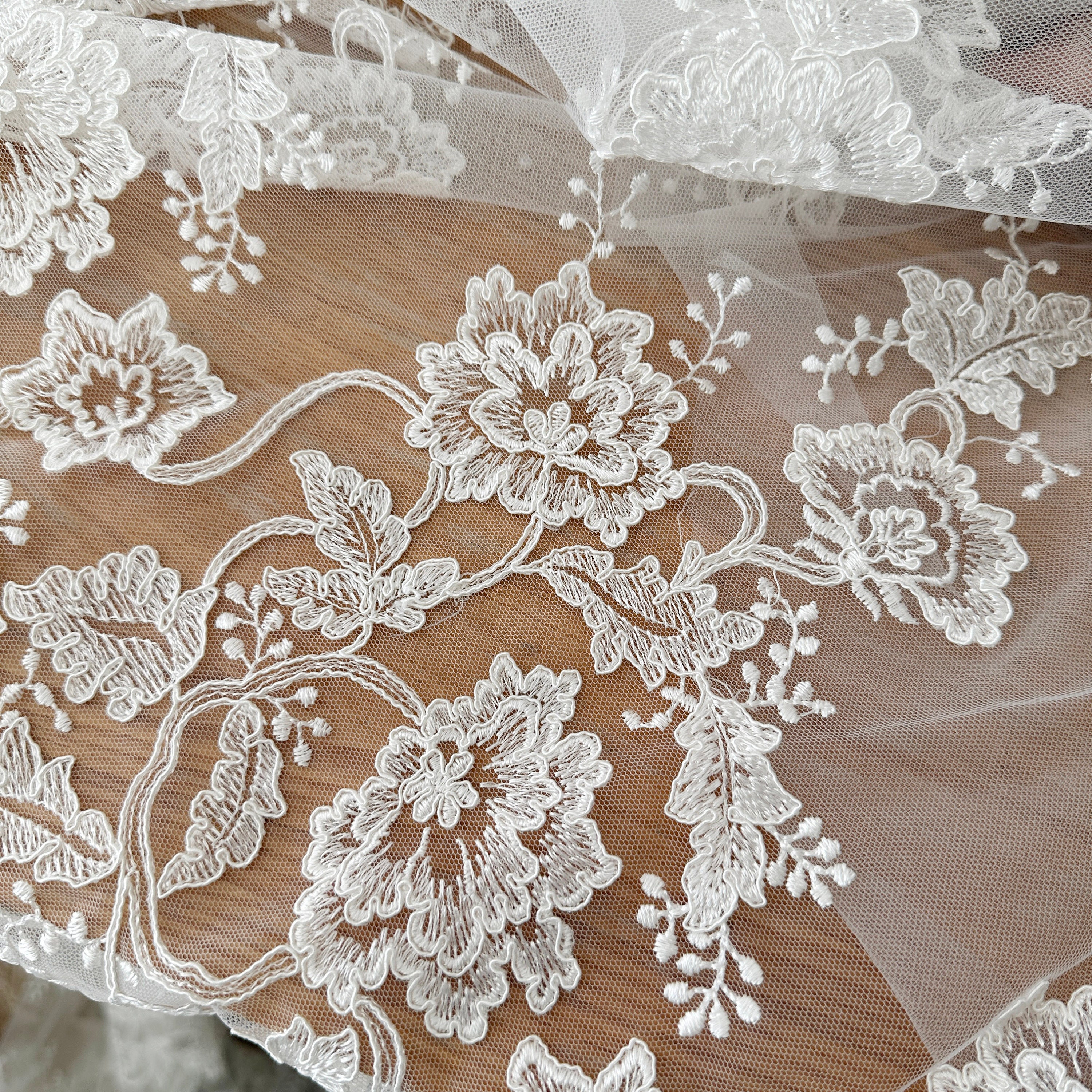 1 Yard Ivory Alencon Lace Fabric, Embroidery Bridal Lace Fabric