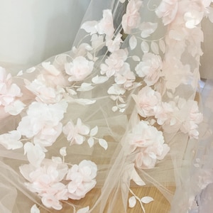 3D Full Blossom Flower Tulle Lace Fabric in Blush , Wedding Gown Bridal Dress Prom Dress Fabric by Yard