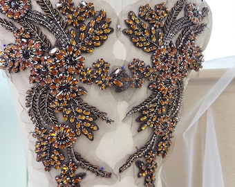 Koffie strass kralen kant appliqué paar, trouwjurk bruids versiering accessoires, kristallen kraal birdal appliqué