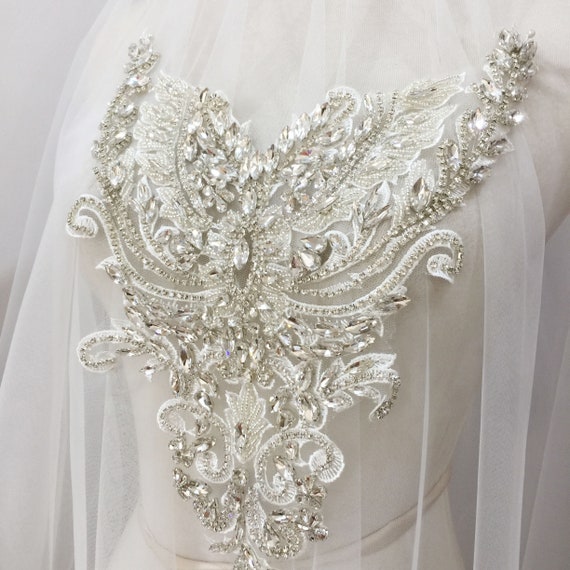 Deluxe Rhinestone Bead Bridal Bodice Applique in Crystal Silver,Clear Crystal Applique for Wedding Gown Bridal Dress Haute Couture