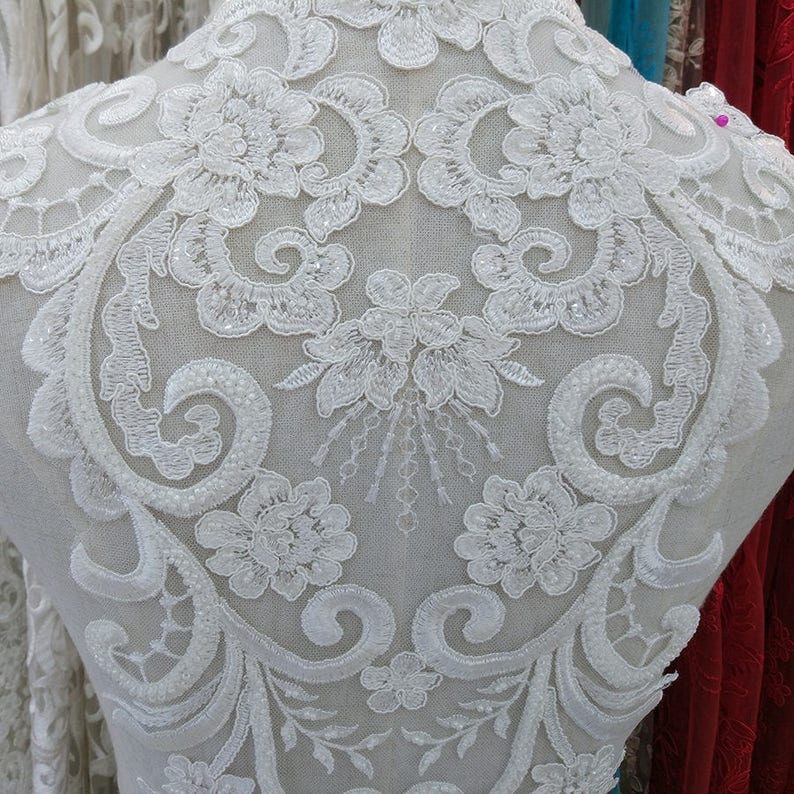 LARGE Heavy beaded bridal Applique IVORY Venice lace beaded applique big size, Luxury wedding appliqué, Illusion back appliqué image 3