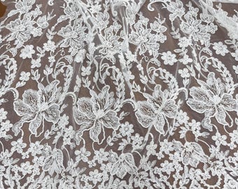 1 Yard haute couture 3D beaded lace fabrics , off white bridal gown wedding dress fabric