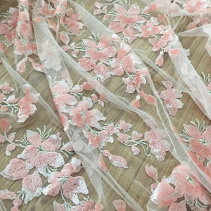 Sequined bridal tulle lace fabric in pink ivory aqua , couture wedding dress lace fabric with exquisite sequined applique fabric
