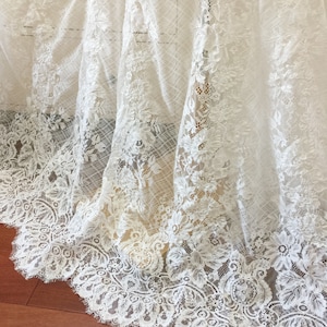 3 meters French Alencon lace fabric in off white Fine Geometric Alencon Embroidery Lace Fabric at 125cm wide, Couture Wedding Gown Fabric