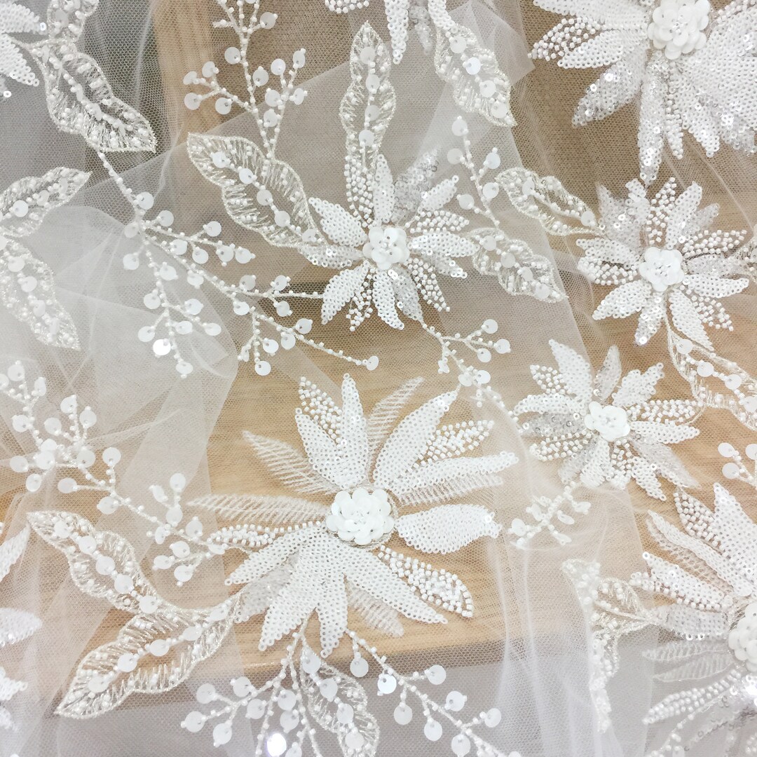 Luxury 3D Beaded Haute Couture Fabric Lace by Yard, Bridal Gown Wedding