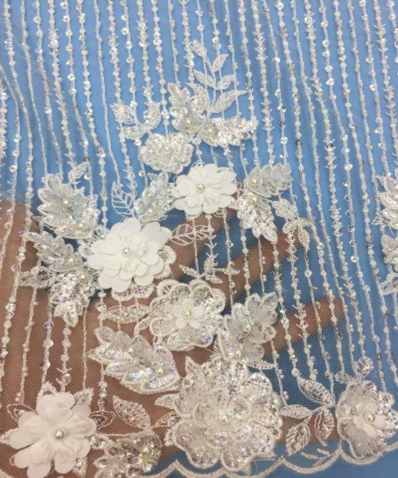 1 yard Exquisite 3D Pearl Beaded Flower Lace Fabric for Haute Couture Wedding Gonw Couture Dress
