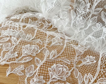 1 Yard black alencon lace fabric, crochet rose floral embroidery rose lace for wedding bridal dress skirts
