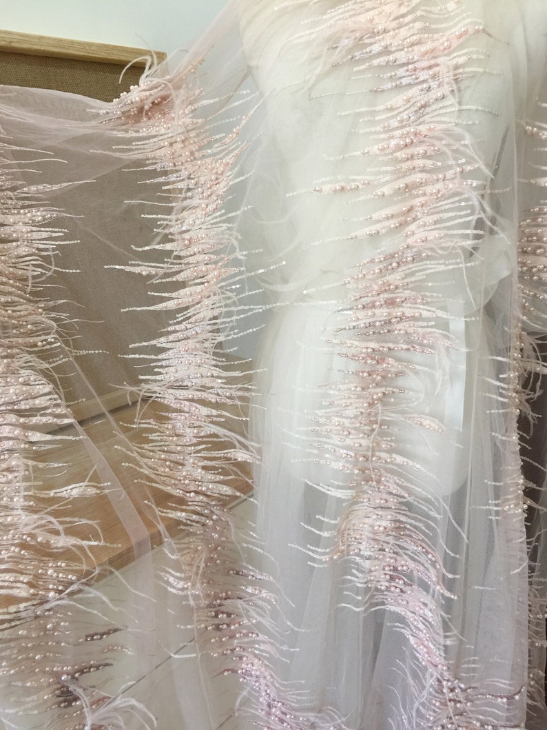 haute couture Prom Dress wedding gown 3D Pearl Sequin Beaded Lace Fabric with Ostrich feather for bridal veil