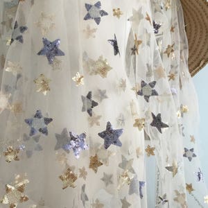 delicate sequined bridal lace fabirc with star embroidery , fabric by yard for wedding gown, bridal dress, costumes