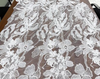 Geometric Embroidery Lace Fabric by Yard , Wedding Bridal Gown Fabric