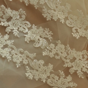 5 yards Ivory Beaded Alencon Lace Trim , Bridal Veil Lace, Scallop Wedding Gown Lace Trim , Bridal Dress Straps image 3