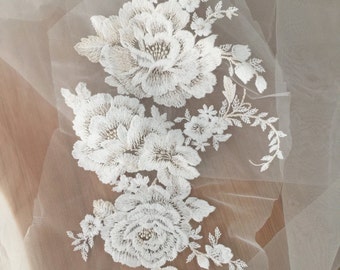 Applique lace , cotton floral embroidery lace applique, bridal applique, wedding gown veil applique, lace motif , bridal hair headpiece