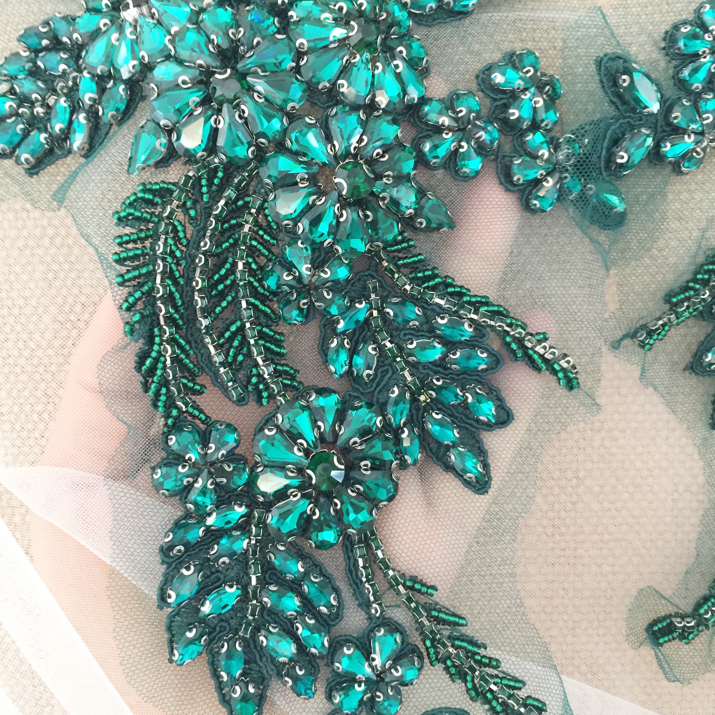 Emerald Green Rhinestone Beaded Lace Applique Pair , Wedding