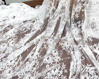 3 yards off white Chantilly lace fabric, bridal chantilly lace, French lace fabric with scalloped borders, ivory lace fabric with eyelash