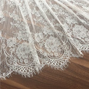 3 yards Top Quality Ivory Chantilly Lace Fabric , Eyelash Scalloped Wedding Gown Fabric, Bridal Dress Fabric