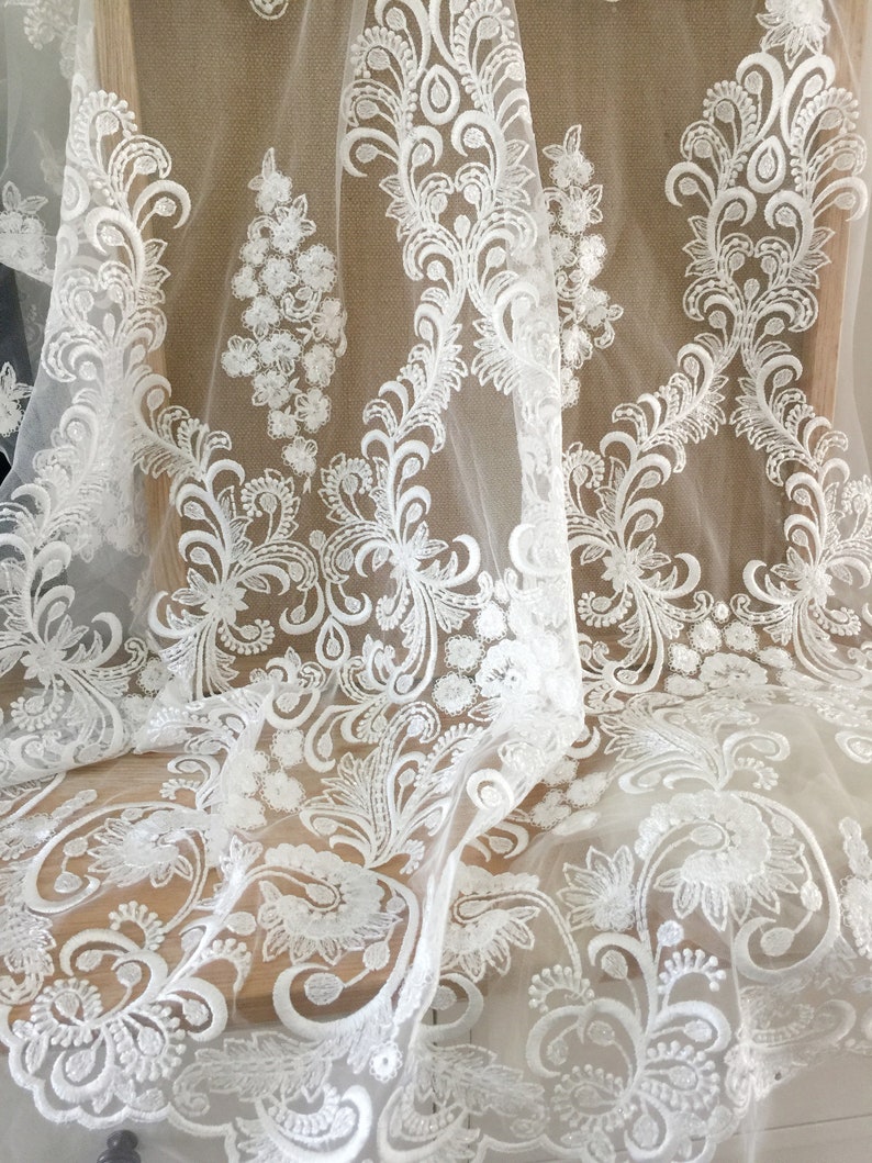 Exquisite Clear Sequin Haute Couture Lace Fabric in Off White Wedding Gown Birdal Lace Fabric Flower Embroidery Lace by Yard