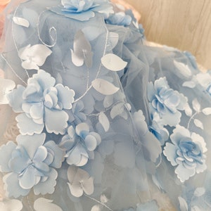 3D Full Blossom Flower Tulle Lace Fabric in Blue Black Pink , Wedding Gown Bridal Dress Prom Dress Fabric by Yard