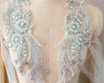 AB Cristal Phoenix Strass Applique Paire Cristal Perlé Robe De Mariée Corsage Cape Couture Cristal Applique