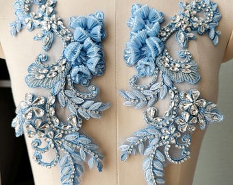 Hemelsblauwe 3D handgemaakte couture bloem strass kralen naai appliqué bruids lijfje riem sjerp bruiloft motief