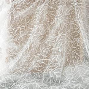 Clearn Sequin Leaf Tulle Embroidery lace Fabric ,Wedding Dress Bridal Gown Lace Fabric by Yard