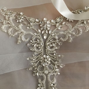 Rhinestone beaded lace collar applique in rose gold silver for bridal sash wedding belt applique