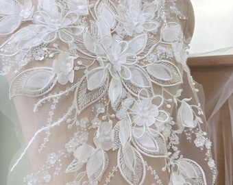 Bruidsappliqué met 3D-bloemkralen - IVOOR - Venetië kantkralenappliqué groot formaat, luxe bruiloftapplicatie, illusie appliqué achterkant