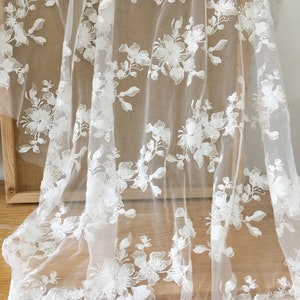 1 Yard Sequined bridal tulle lace fabric in off white , couture wedding dress lace fabric with exquisite sequin applique fabric