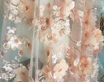 Tela de encaje de flores con cuentas 3D de lujo en color SALMÓN, tela de encaje festoneado para vestido de novia, tela de alta costura