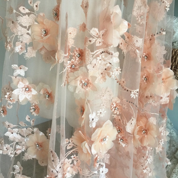 Luxury 3D Beaded Flower Lace Fabric in SALMON , Scallop Bridal Dress Wedding Gown Lace Fabric , Haute Couture Fabric