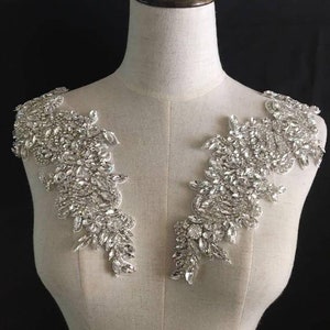 Full Crystal Rhinestone Beaded Applique Pair, Handmade Bridal Crystal Rhinestone Lace Statement for Bridal Sash Wedding Belt Gown Straps