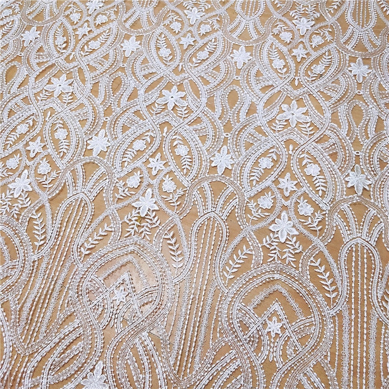 Quality Translucent Sequin Lace Fabric in Vintage style Off White Couture Lace Fabric by yard with Clear Sequin
