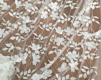 3D ivory bridal lace fabric with chic leaf , soft tulle lace fabric for wedding, costumes, fashion dress