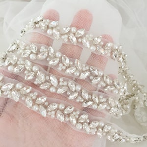 1 Yard Slim and Thin Rhinestone Pearl Beaded Lace Trim for Bridal Belt Wedding Sash Gown Straps
