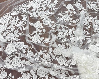 1 Yard clear sequin lace fabric, floral embroidery rose lace for wedding bridal dress skirts