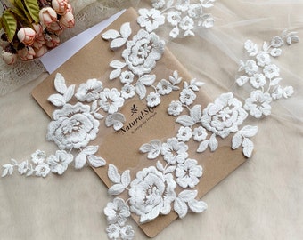 Exquise coton dentelle de mariée applique paire dans des images miroir pour robe de mariée, accessoires robe de mariée, casque de mariée