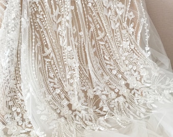 1 Yard 3D Ivory Beaded Geometric Stripe Haute Couture Tulle Lace Fabric ,Wedding Dress Bridal Gown Evening Clothes DIY