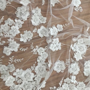 3D Beaded Lace Fabric with Handmade Applique, Embroidered Flower Applique Wedding Gown Fabric, French Fabric with Applique