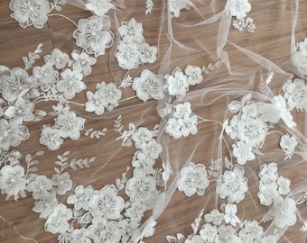 Tela de encaje con cuentas 3D, apliques florales hechos a mano, para vestido de novia