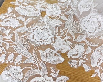 Paar 3D-katoenen alencon kraalkant appliqué, bloemenborduurwerk bruidsmotief