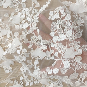 3D Beaded Lace Fabric, Embroidered Flower Applique Wedding Gown Fabric, French Fabric with Applique