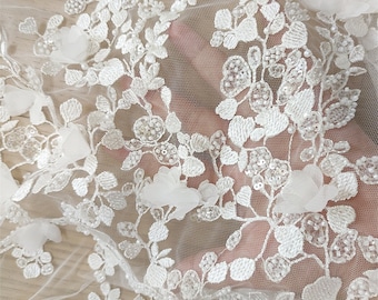 Tela de encaje con cuentas 3D, tela para vestido de novia con apliques de flores bordadas, tela francesa con apliques