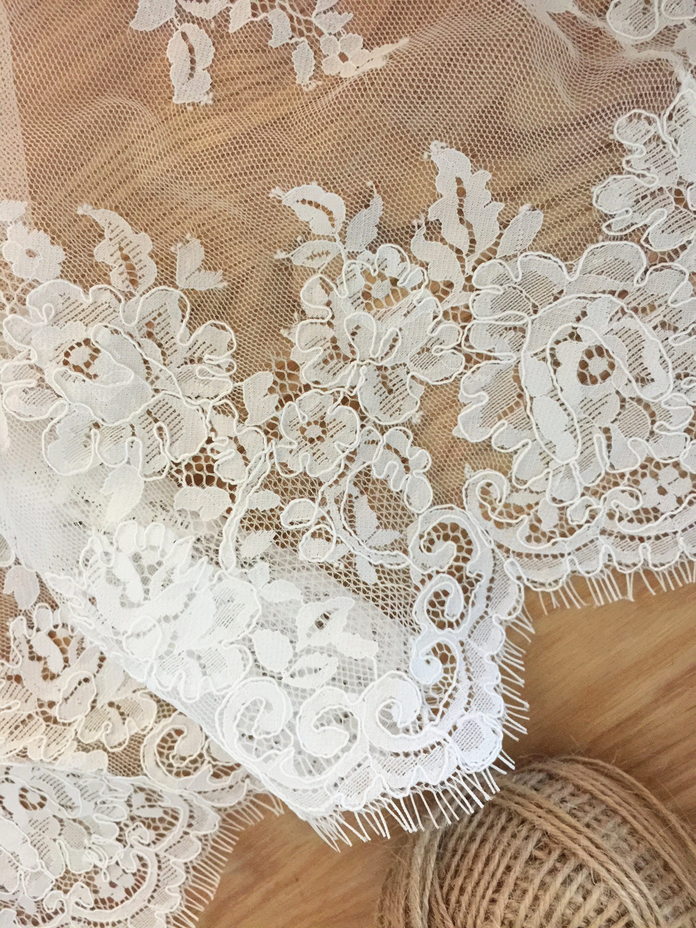 3 meters French Alencon embroidery lace fabric in ivory for wedding veil, bridal accessories Scallop Embroidered Eyelash Floral Trim Lace